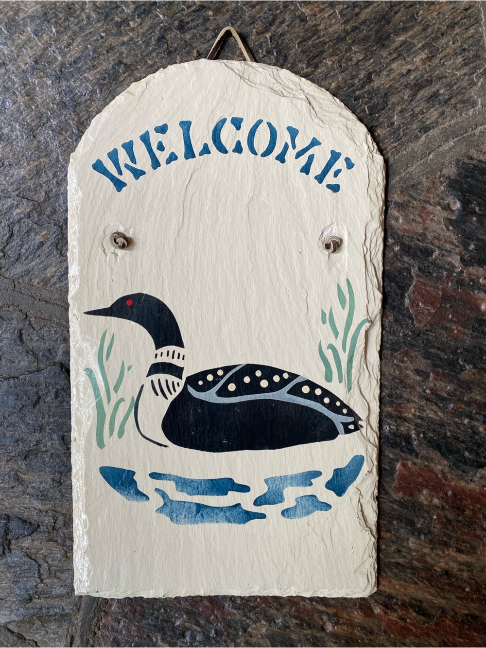 Vintage Hand Painted Reclaimed Slate Roof Tile Welcome Plaque